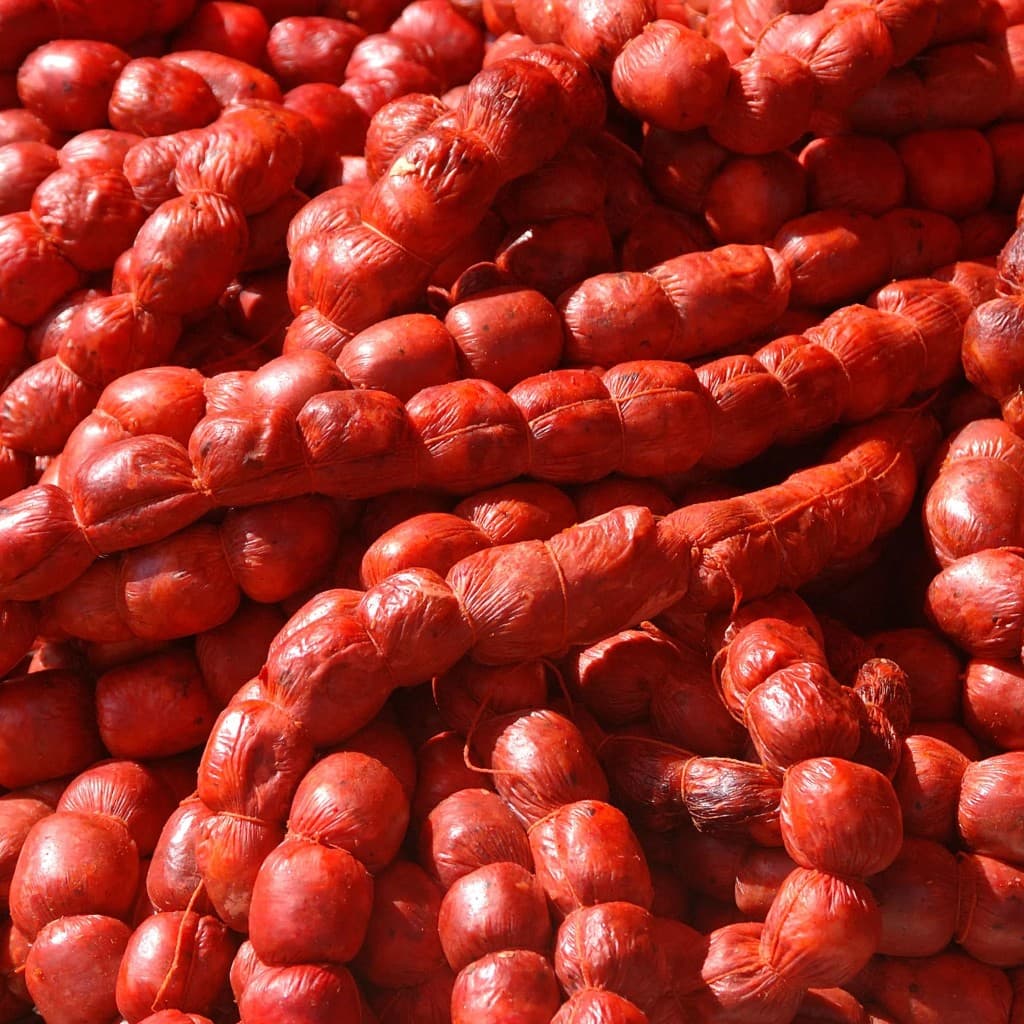 Coils of Goan chouriço (chorizo)—spiced, cured sausages tied in strings